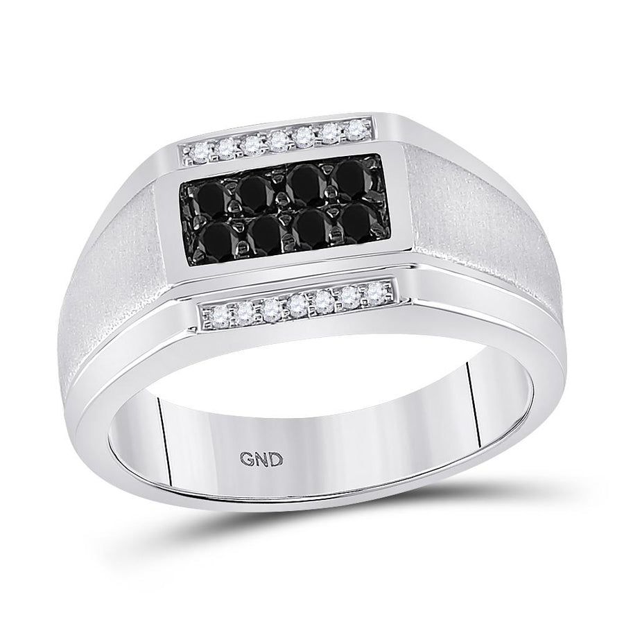 10kt White Gold Mens Round Black Color Enhanced Diamond Rectangle Cluster Ring 3/8 Cttw