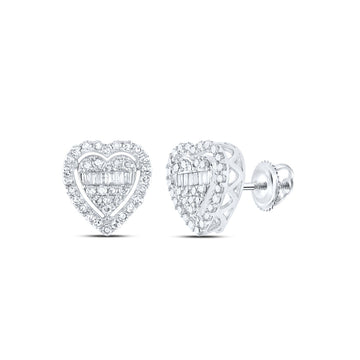 10kt White Gold Womens Baguette Diamond Heart Earrings 1/2 Cttw
