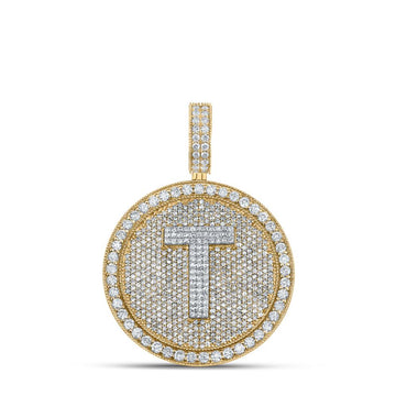 10kt Two-tone Gold Mens Round Diamond T Letter Circle Charm Pendant 3-7/8 Cttw