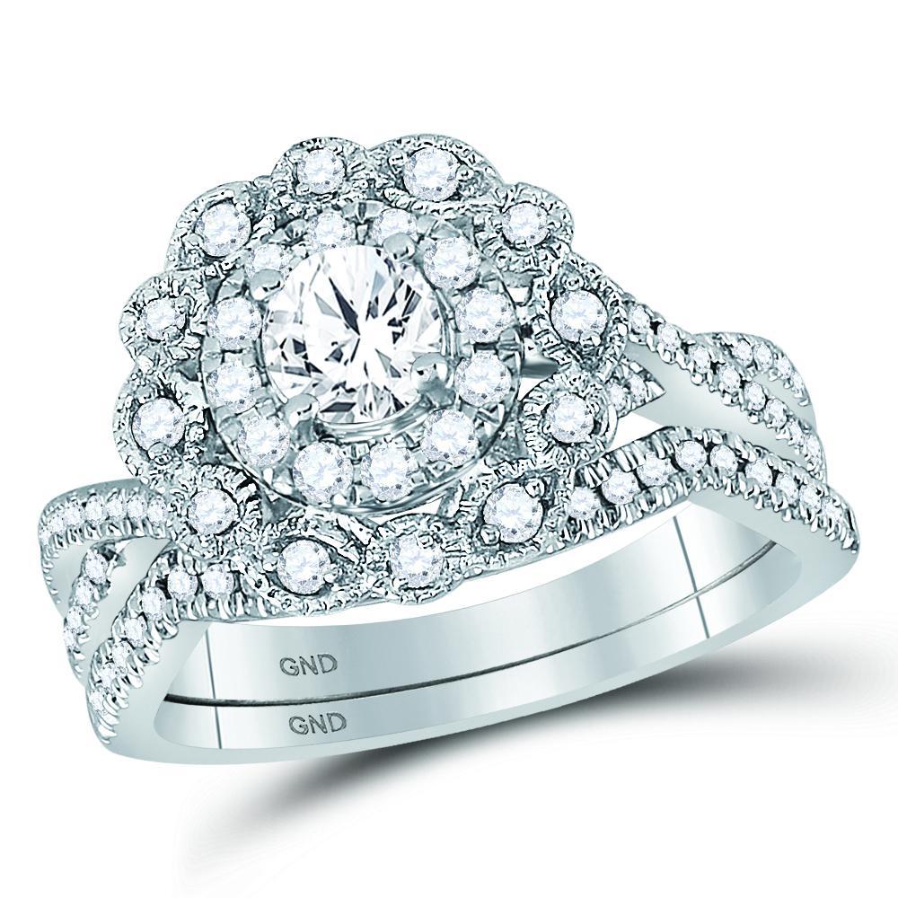 14kt White Gold Round Diamond Halo Bridal Wedding Ring Band Set 1 Cttw