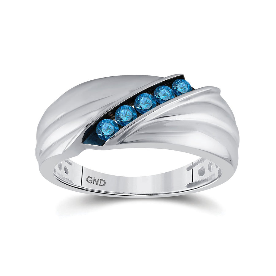 Sterling Silver Mens Round Blue Color Enhanced Diamond Wedding Anniversary Band Ring 1/3 Cttw