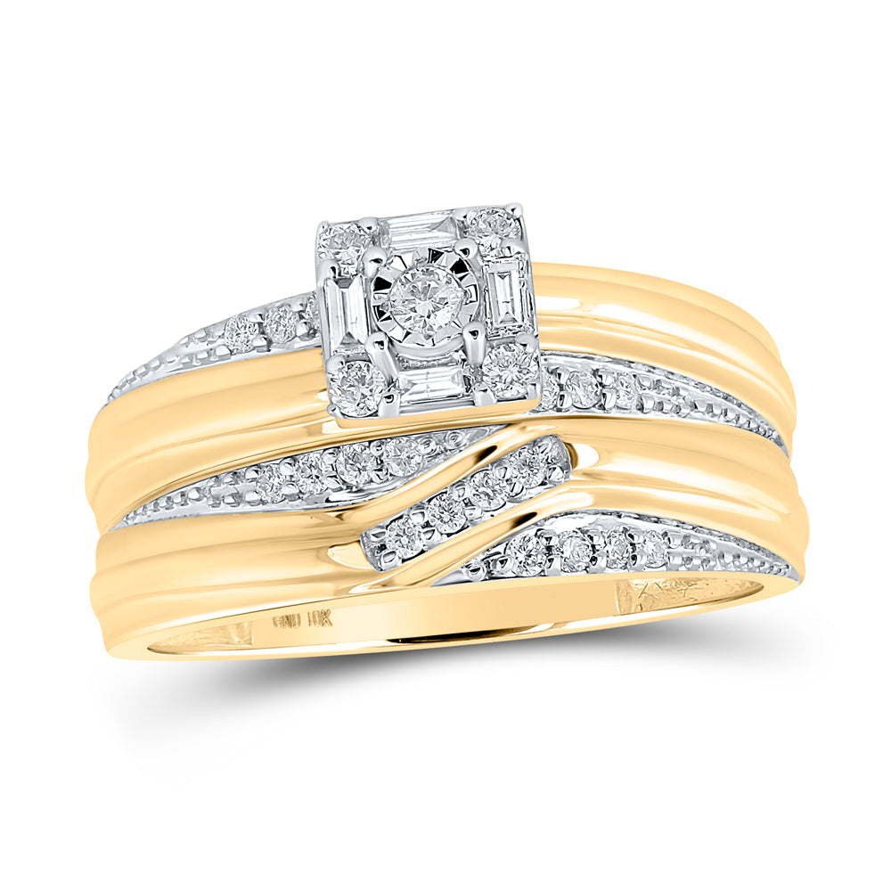 10kt Yellow Gold His Hers Round Diamond Square Matching Wedding Set 1/3 Cttw