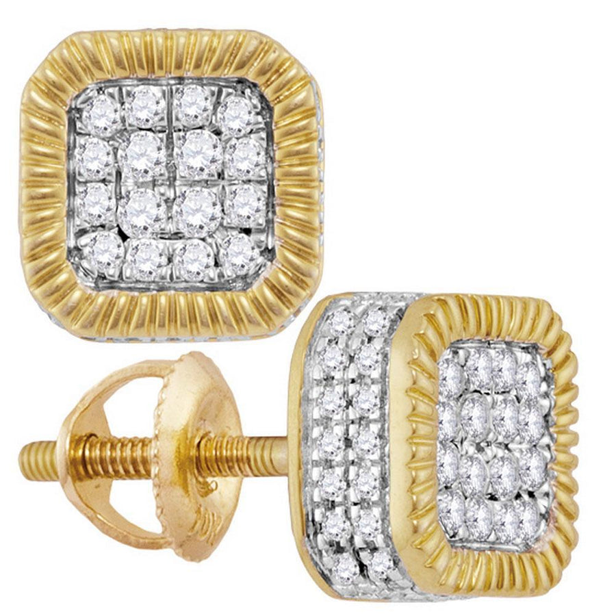 10kt Yellow Gold Mens Round Diamond Fluted Square Cluster Stud Earrings 3/4 Cttw