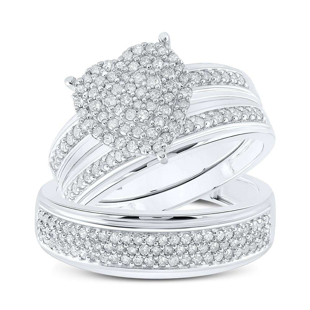 Sterling Silver His Hers Round Diamond Heart Matching Wedding Set 7/8 Cttw