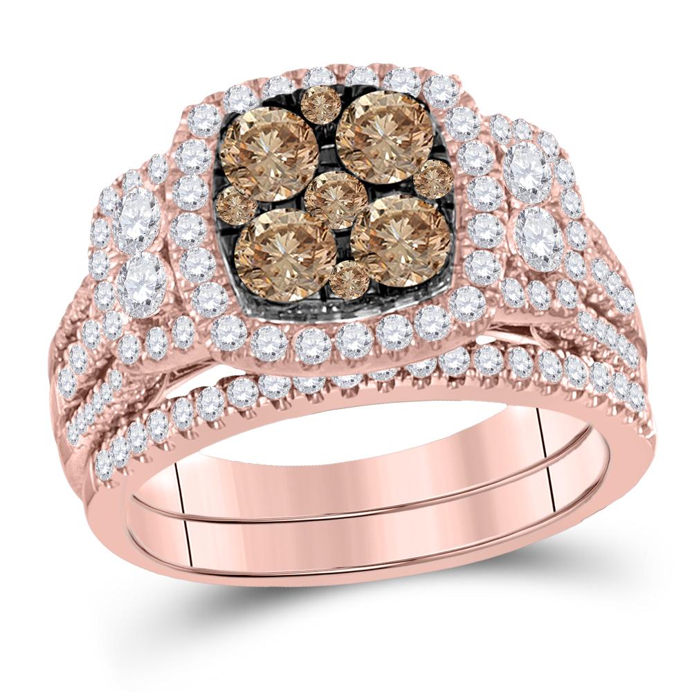 14kt Rose Gold Womens Round Brown Diamond Bridal Wedding Ring Band Set 2 Cttw