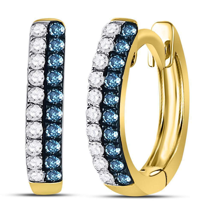 10kt Yellow Gold Womens Round Blue Color Enhanced Diamond Huggie Earrings 1/5 Cttw