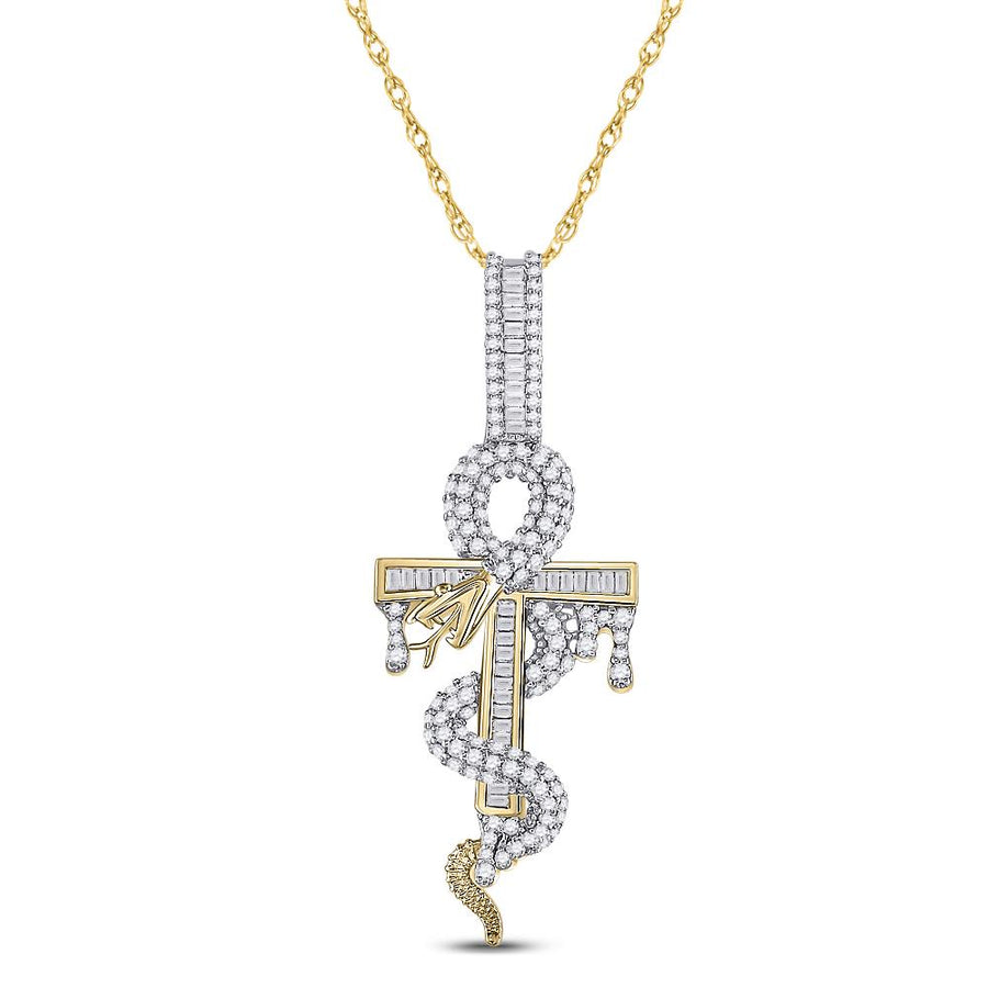 10kt Yellow Gold Mens Baguette Diamond Snake Ankh Cross Charm Pendant 1-1/5 Cttw