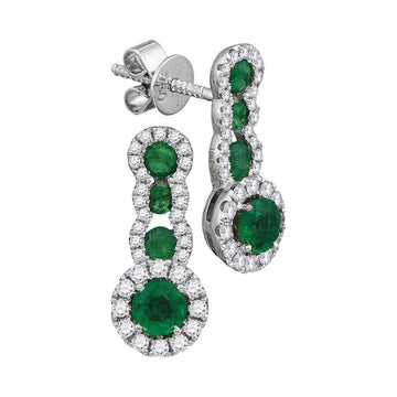 18kt White Gold Womens Round Emerald Diamond Fashion Earrings 1-1/3 Cttw