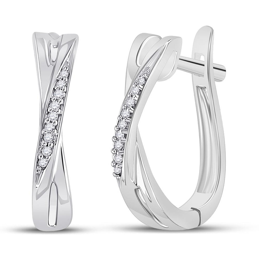 10kt White Gold Womens Round Diamond Slender Crossover Hoop Earrings 1/20 Cttw