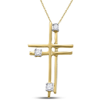 14kt Yellow Gold Womens Round Diamond Simple Layered Cross Pendant 1/20 Cttw