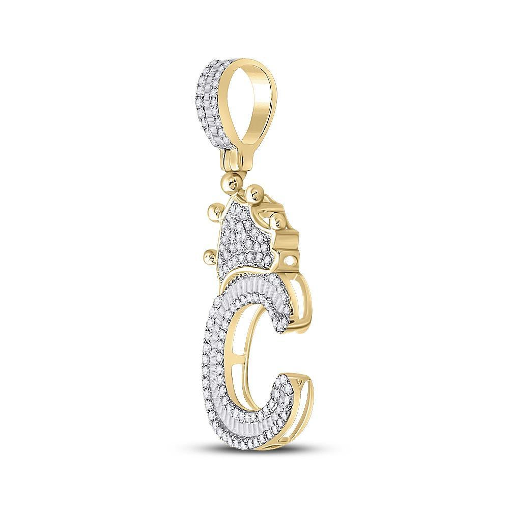 10kt Yellow Gold Mens Baguette Diamond Crown C Letter Charm Pendant 5/8 Cttw