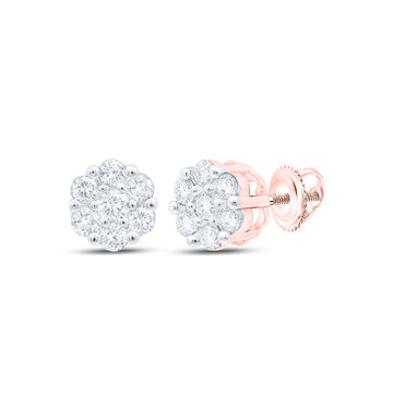 14kt Rose Gold Womens Round Diamond Flower Cluster Earrings 1/5 Cttw