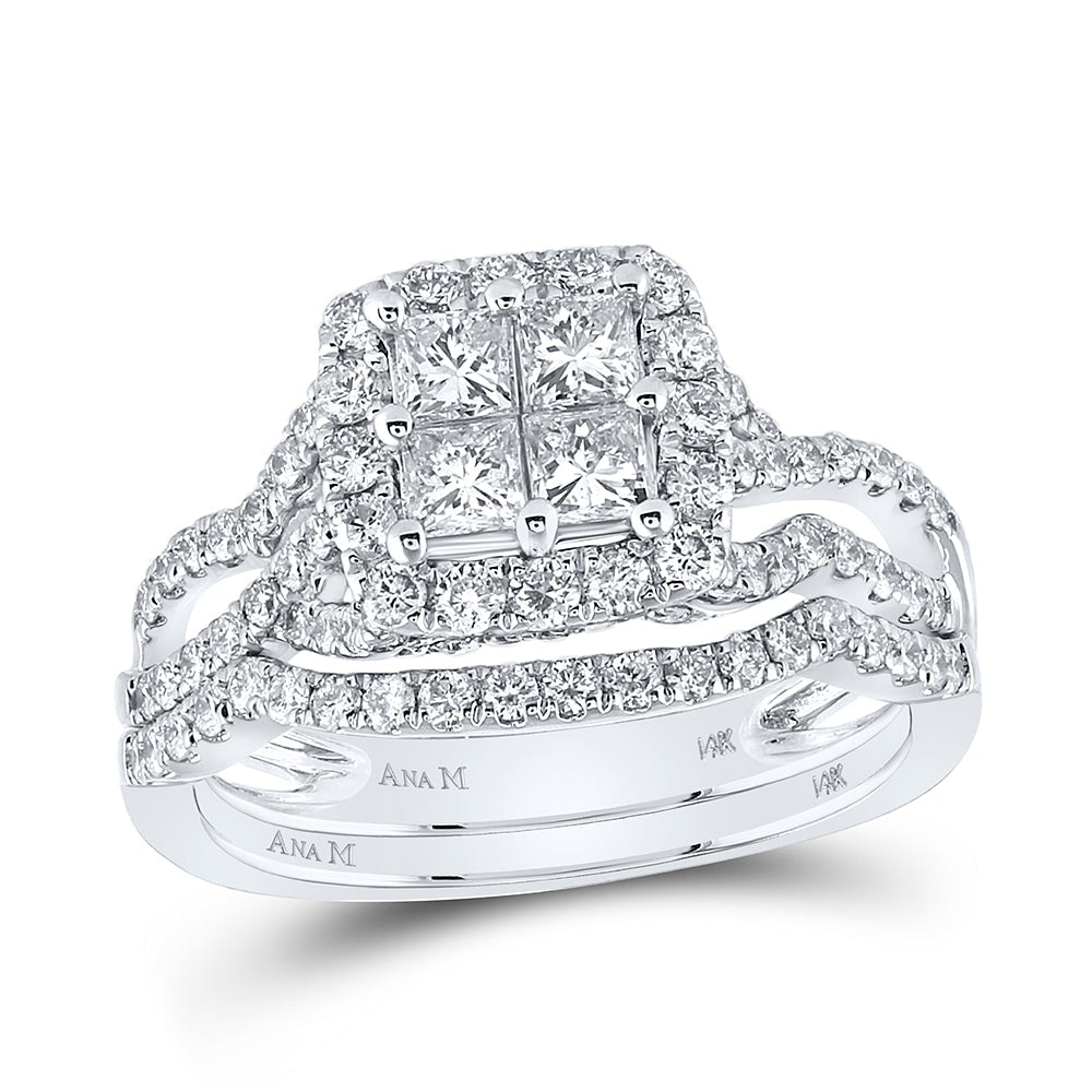 14kt White Gold Princess Diamond Square Bridal Wedding Ring Band Set 1-1/2 Cttw