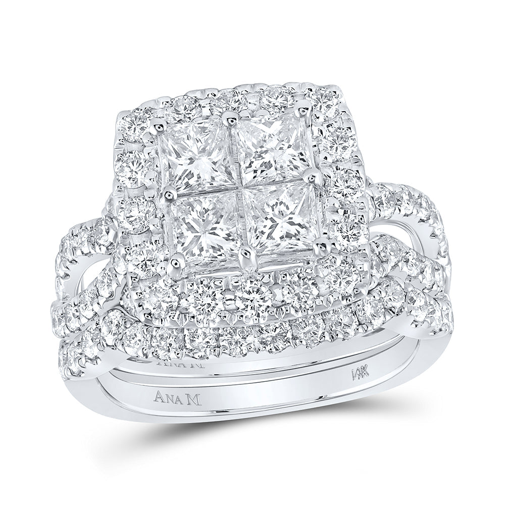 14kt White Gold Princess Diamond Square Bridal Wedding Ring Band Set 3 Cttw