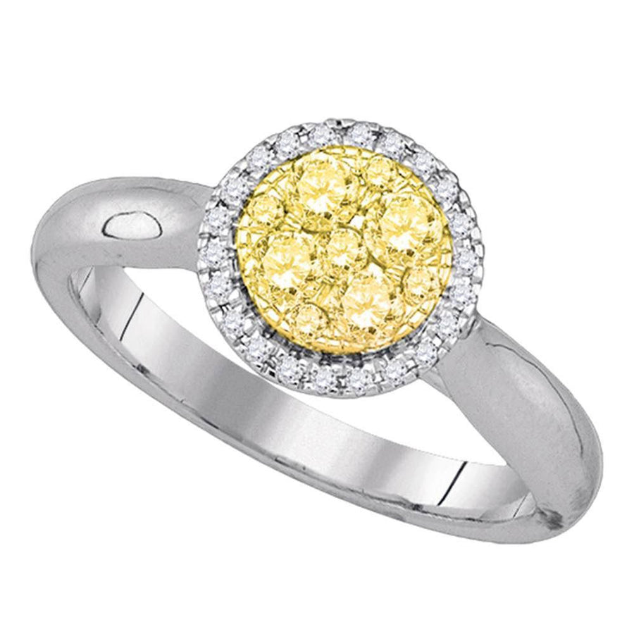 14kt White Gold Womens Round Canary Yellow Diamond Circle Cluster Ring 1/2 Cttw