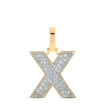 10kt Yellow Gold Mens Baguette Diamond X Initial Letter Charm Pendant 1/2 Cttw