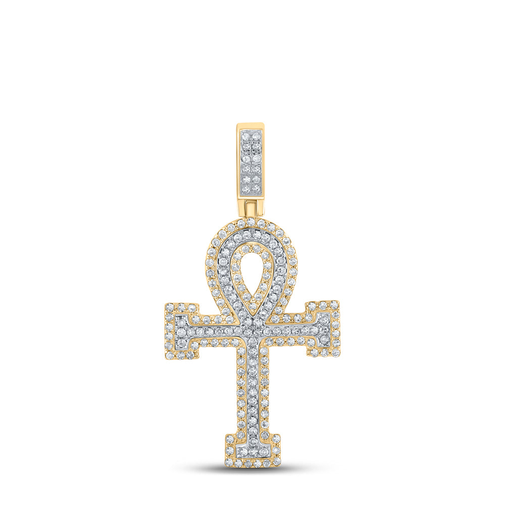 10kt Two-tone Gold Mens Round Diamond Ankh Cross Charm Pendant 7/8 Cttw
