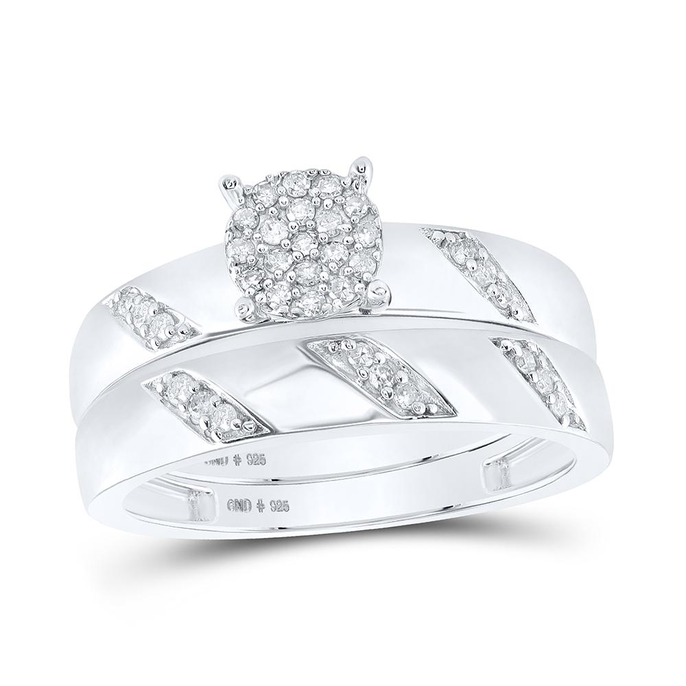 Sterling Silver His Hers Round Diamond Cluster Matching Wedding Set 1/4 Cttw