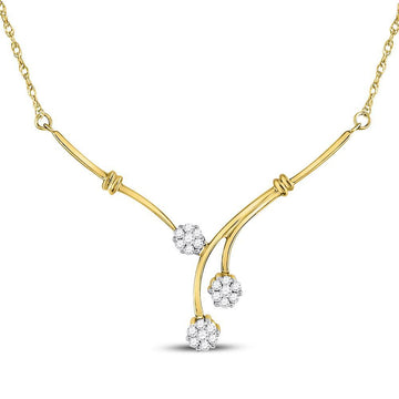 14kt Yellow Gold Womens Round Diamond Triple Flower Cluster Necklace 1/4 Cttw