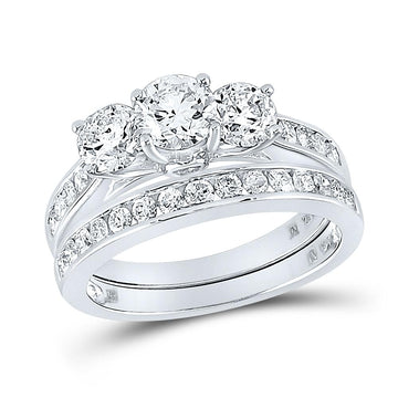 14kt White Gold Round 3-Stone Diamond Bridal Wedding Ring Band Set 2 Cttw