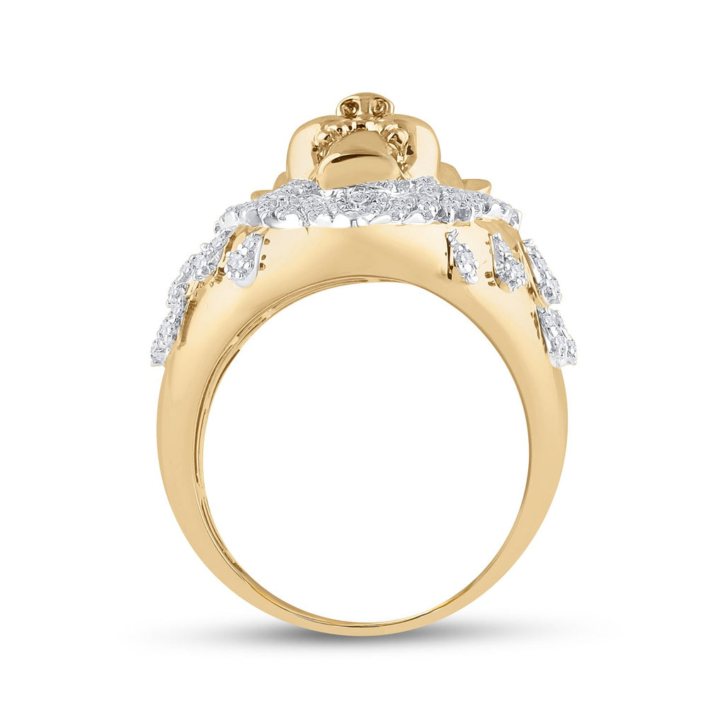 10kt Yellow Gold Mens Round Diamond Lion Head Crown Animal Ring 7/8 Cttw