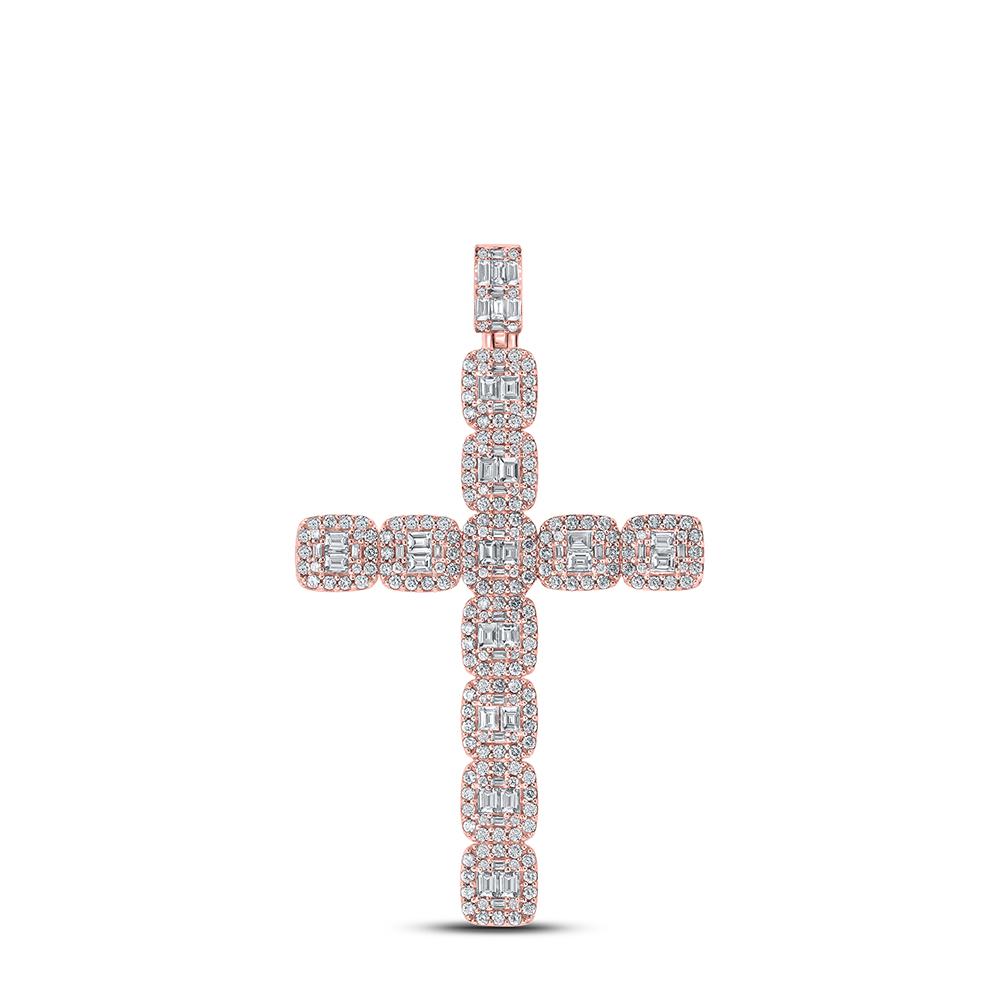 10kt Rose Gold Mens Baguette Diamond Cross Charm Pendant 3-3/8 Cttw