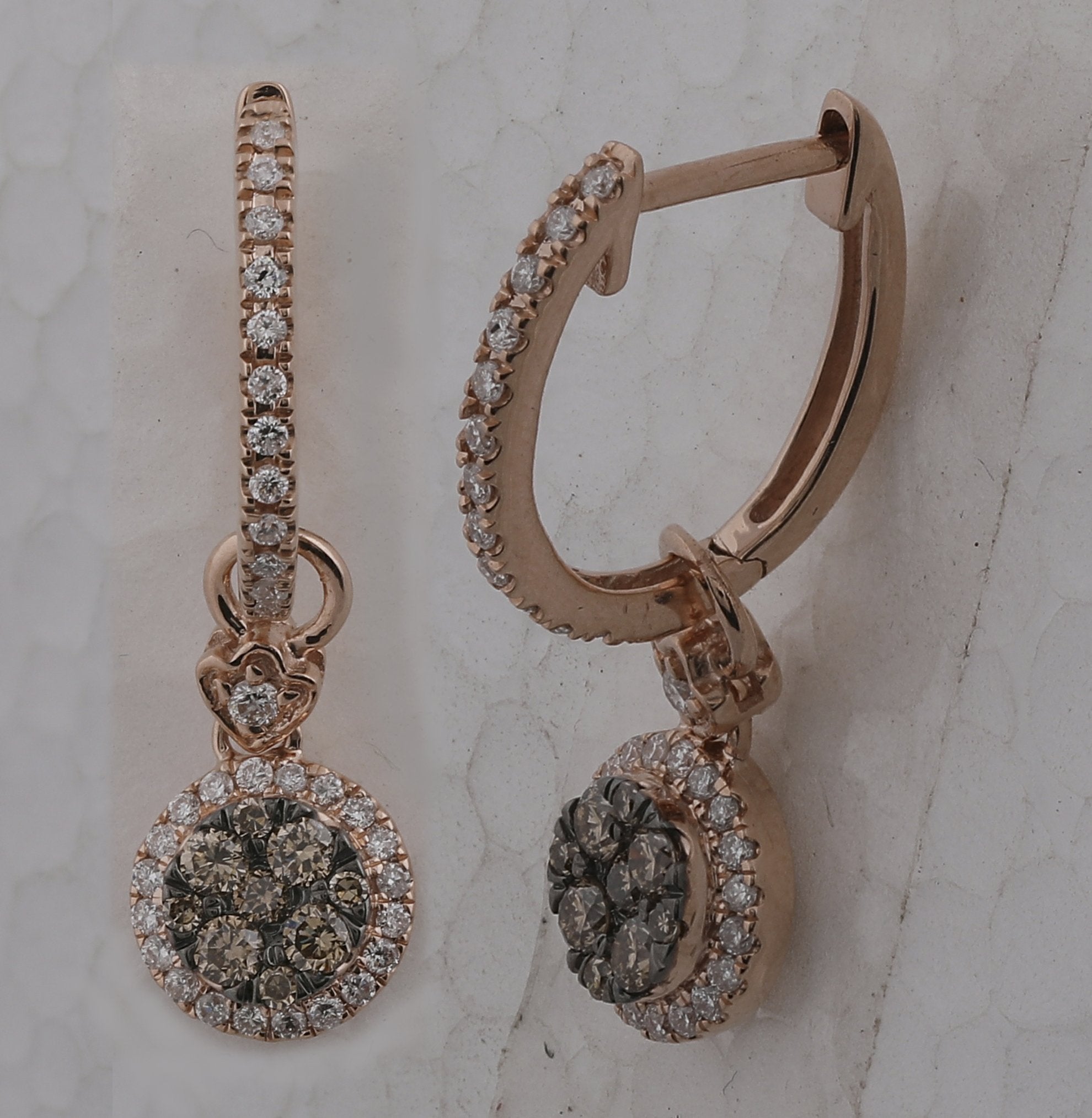 14kt Rose Gold Womens Round Brown Diamond Circle Dangle Earrings 1/2 Cttw