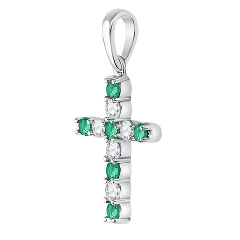 10kt White Gold Womens Round Synthetic Emerald Cross Pendant 1/3 Cttw