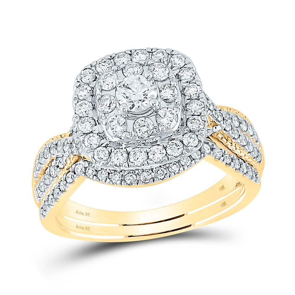 14kt Yellow Gold Round Diamond Halo Bridal Wedding Ring Band Set 1 Cttw
