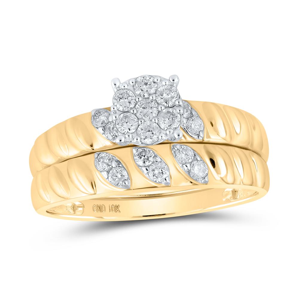 10kt Yellow Gold His Hers Round Diamond Cluster Matching Wedding Set 1/2 Cttw