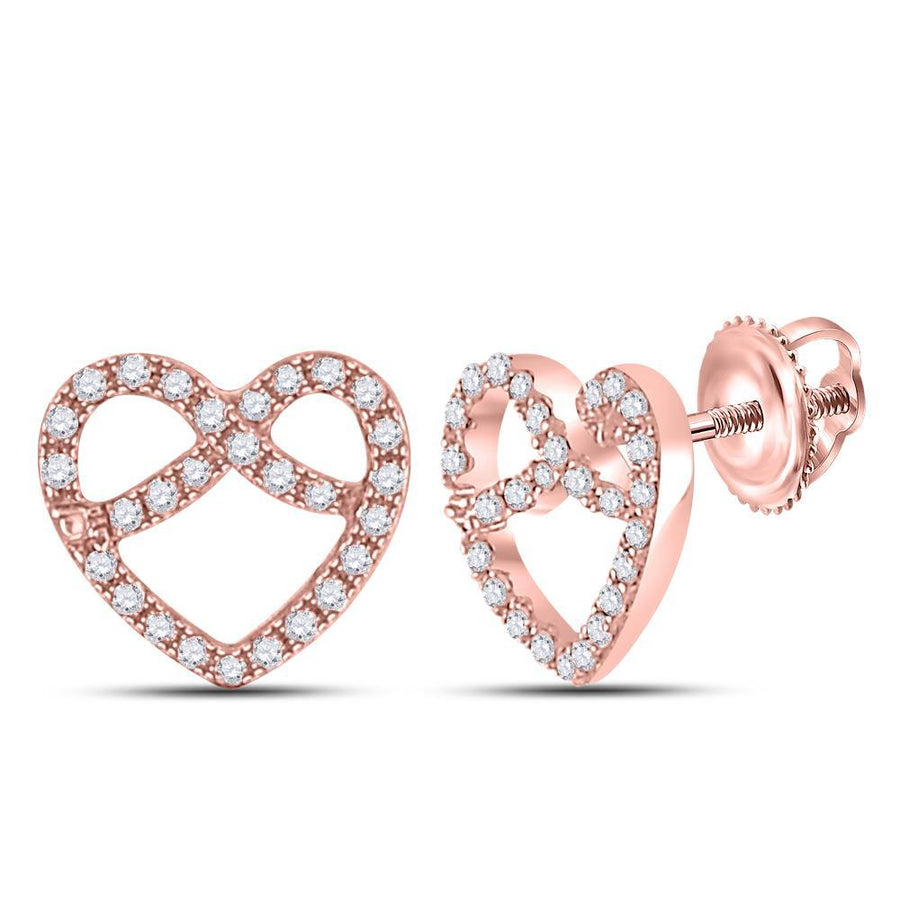 14kt Rose Gold Womens Round Diamond Pretzel Heart Earrings 1/6 Cttw