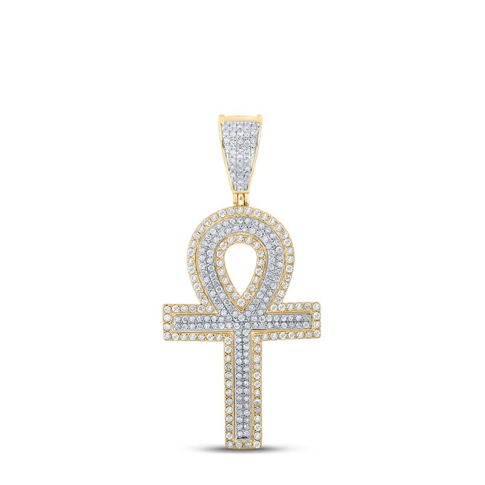 10kt Two-tone Gold Mens Round Diamond Ankh Cross Charm Pendant 7/8 Cttw
