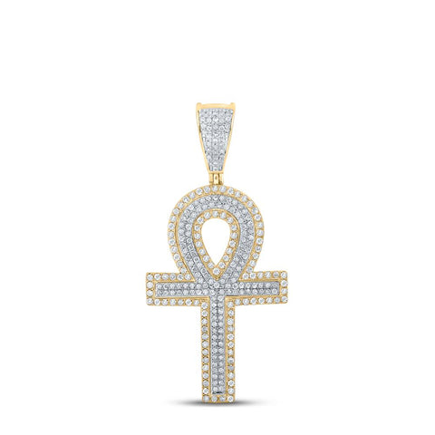 10kt Two-tone Gold Mens Round Diamond Ankh Cross Charm Pendant 7/8 Cttw