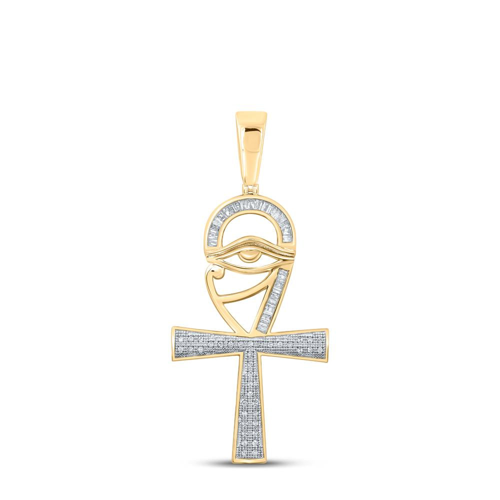 10kt Yellow Gold Mens Baguette Diamond Ankh Eye Cross Charm Pendant 1/3 Cttw