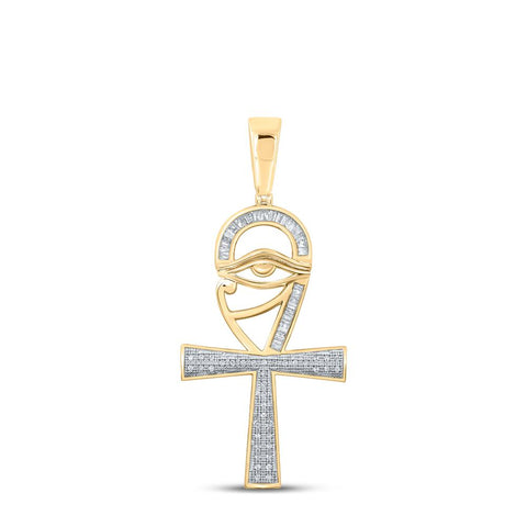 10kt Yellow Gold Mens Baguette Diamond Ankh Eye Cross Charm Pendant 1/3 Cttw