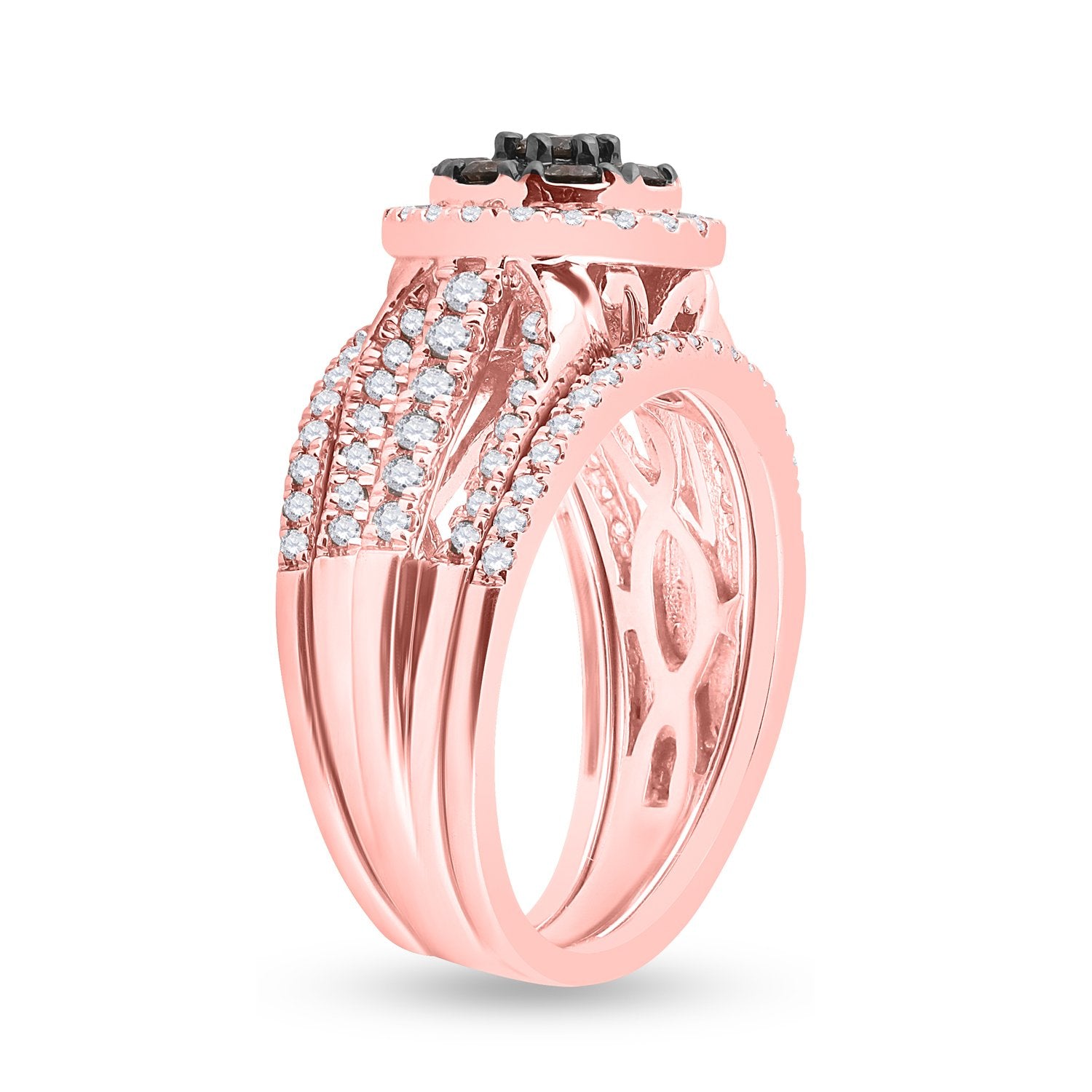 14kt Rose Gold Womens Round Brown Diamond 3-Piece Bridal Wedding Ring Band Set 1 Cttw