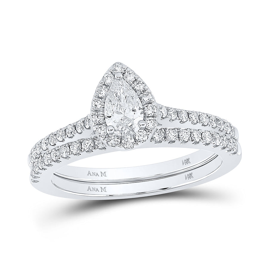 14kt White Gold Pear Diamond Halo Bridal Wedding Ring Band Set 7/8 Cttw