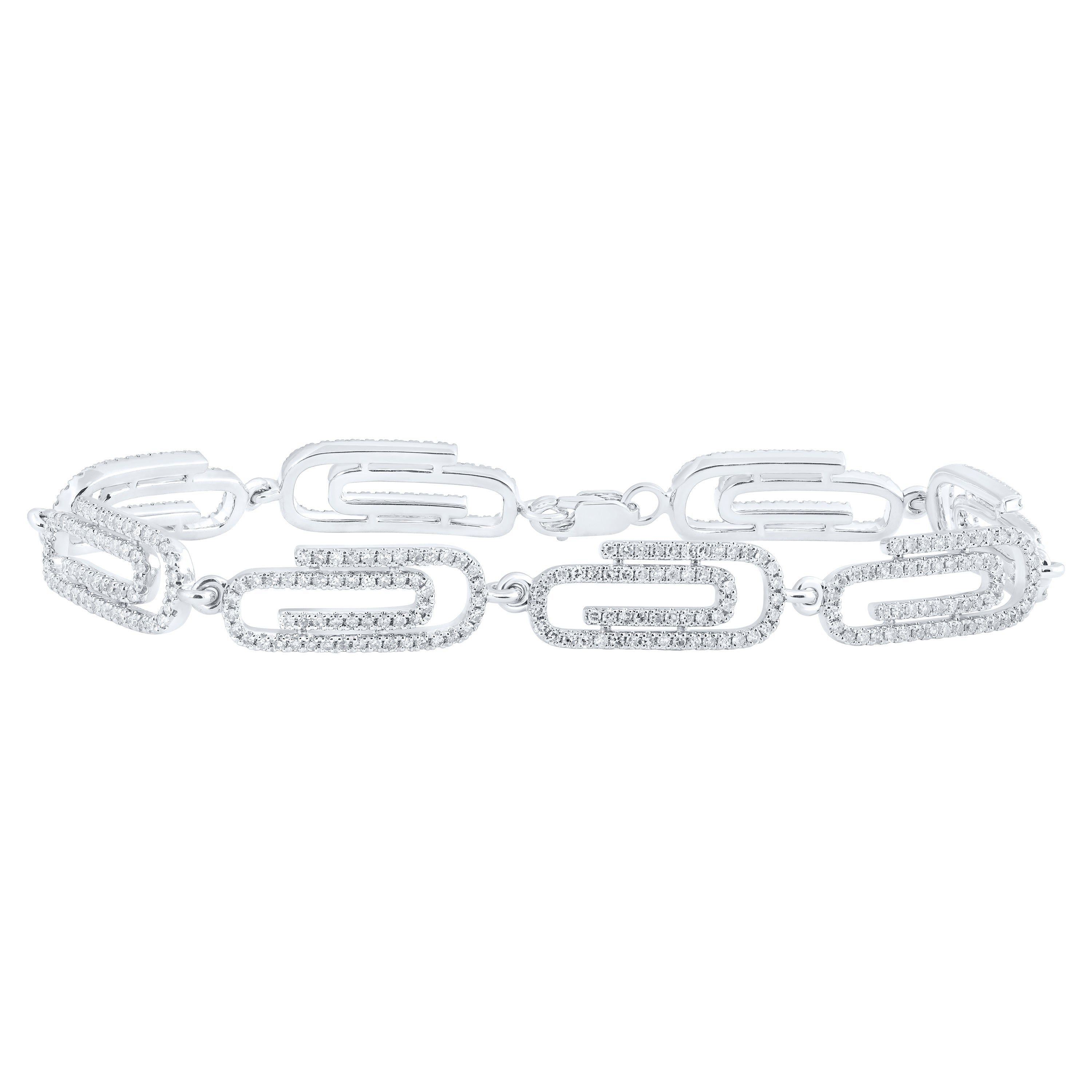 14kt White Gold Womens Round Diamond Paper Clip Fashion Bracelet 1-7/8 Cttw