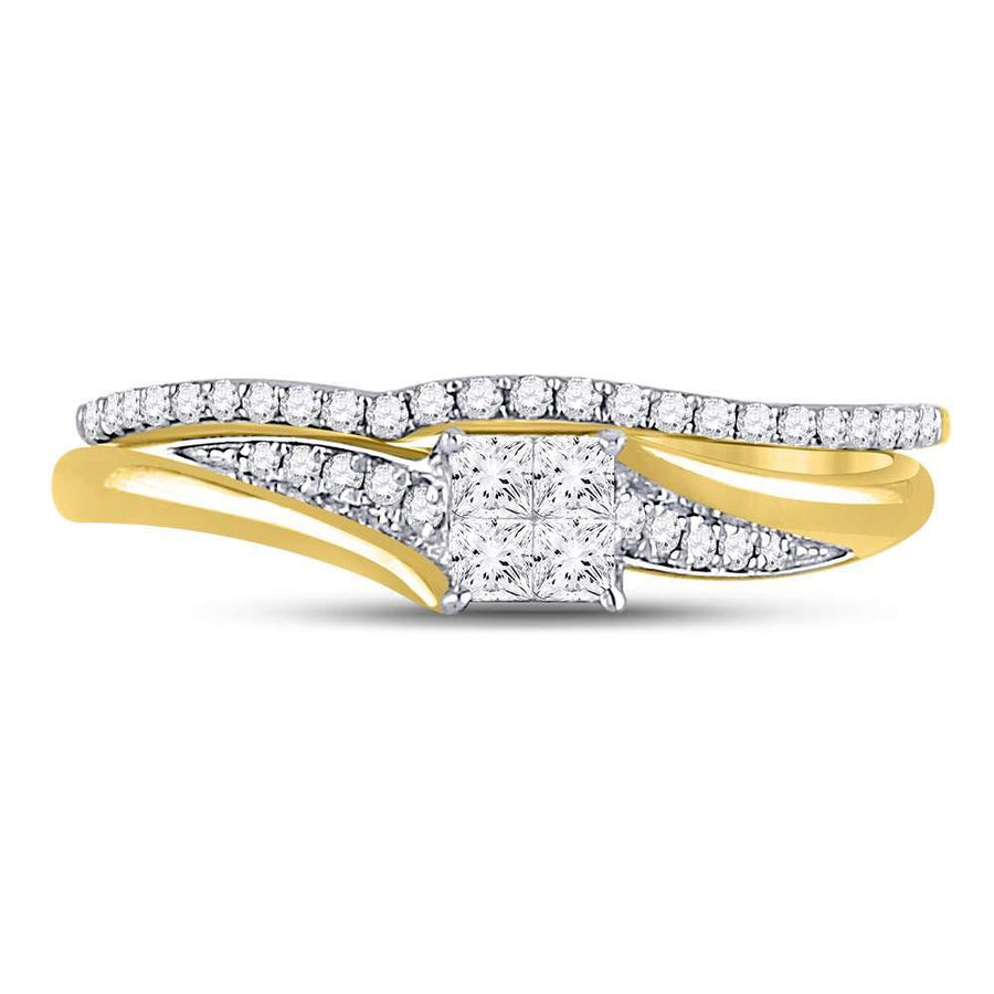 14kt Yellow Gold Princess Diamond Cluster Bridal Wedding Ring Band Set 1/3 Cttw