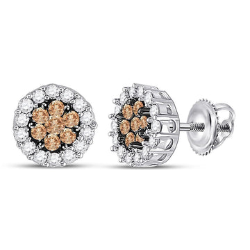 14kt White Gold Womens Round Brown Diamond Flower Cluster Earrings 3/4 Cttw