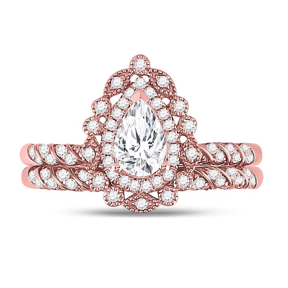 14kt Rose Gold Pear Diamond Halo Bridal Wedding Ring Band Set 1 Cttw