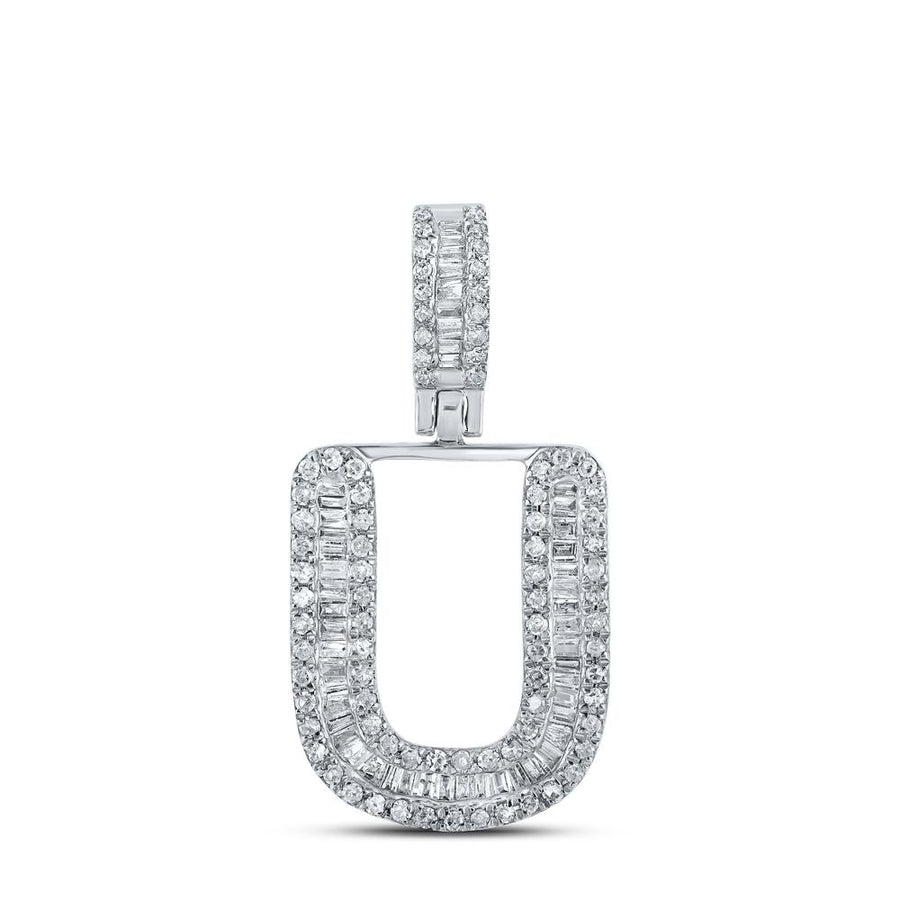 10kt White Gold Mens Baguette Diamond U Initial Letter Pendant 3/8 Cttw