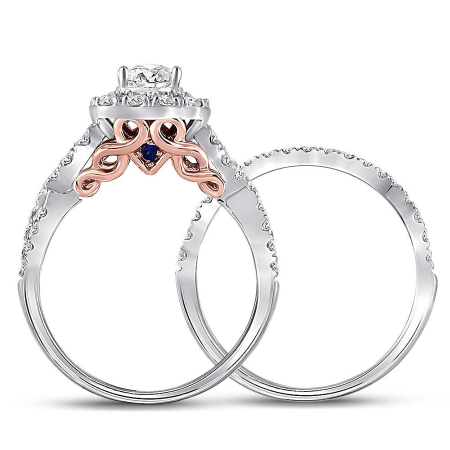 14kt Two-tone Gold Round Diamond Halo Bridal Wedding Ring Band Set 1-3/4 Cttw