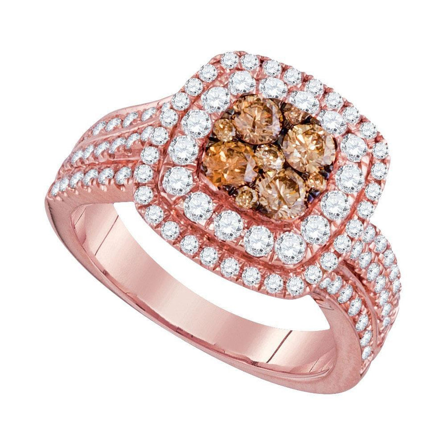 14kt Rose Gold Womens Round Brown Diamond Square Cluster Ring 1-1/2 Cttw