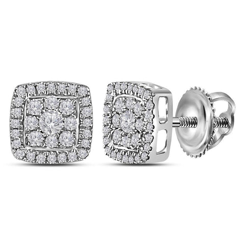 14kt White Gold Womens Round Diamond Square Cluster Earrings 1/3 Cttw