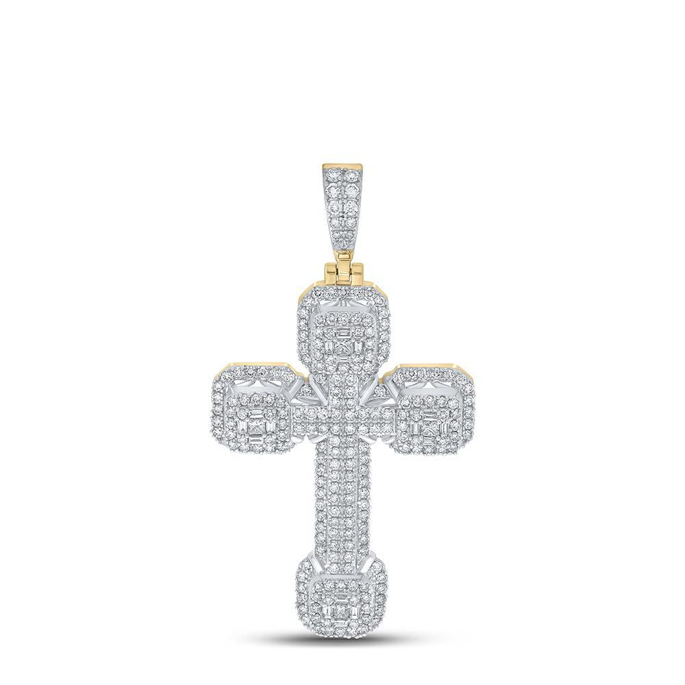 10kt Yellow Gold Mens Baguette Diamond Cross Charm Pendant 2-3/4 Cttw