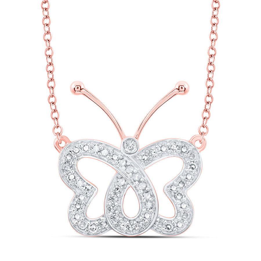 10kt Rose Gold Womens Round Diamond Butterfly Necklace 1/4 Cttw