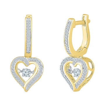 10kt Yellow Gold Womens Round Diamond Heart Dangle Hoop Earrings 1/4 Cttw