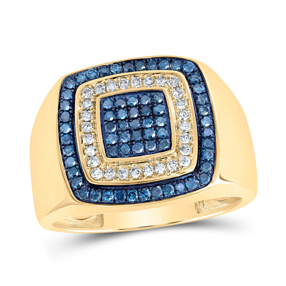 10kt Yellow Gold Mens Round Blue Color Treated Diamond Square Ring 3/4 Cttw
