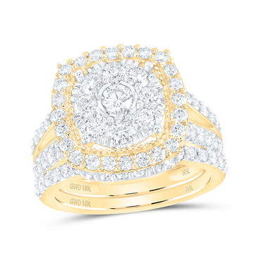 10kt Yellow Gold Round Diamond Cluster Bridal Wedding Ring Band Set 1-7/8 Cttw